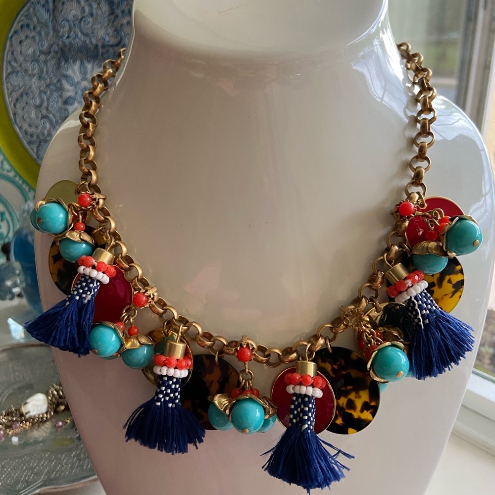 🔥EUC JCrew Tortoise & Gold Disc Tassels Necklace